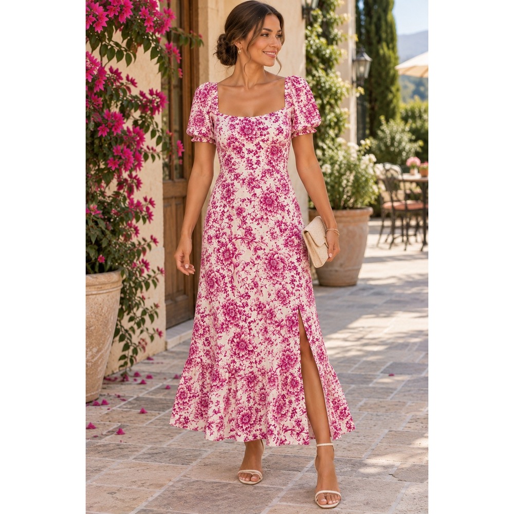London Times Women's Size 12 Ivory Pink Floral Maxi Dress Puff Sleeve Side Slit